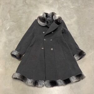 Rothschild Womens Vintage Faux Fur Trim Wool Blend Double Breasted Coat Grey 10